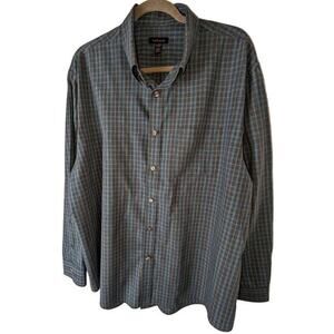 Van Heusen Mens XL Long Sleeve Plaid Button Down Shirt Blue‎ Orange Grid 17-17.5